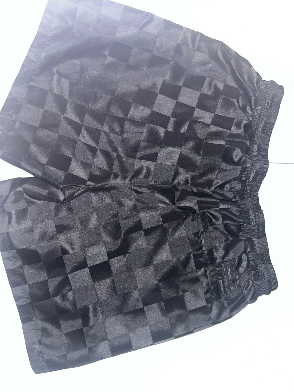 Men's Black Checker Athletic Satin Shorts with Elastic Waist